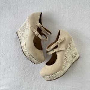 Soda Heel Shoes Womens Size 8.5 Beige Lace Wedge Platform Mary Jane Floral Boho